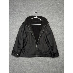 Split Mens Sherpa Lined Nylon Jacket Black Contrast Stitch Zip Up Medium